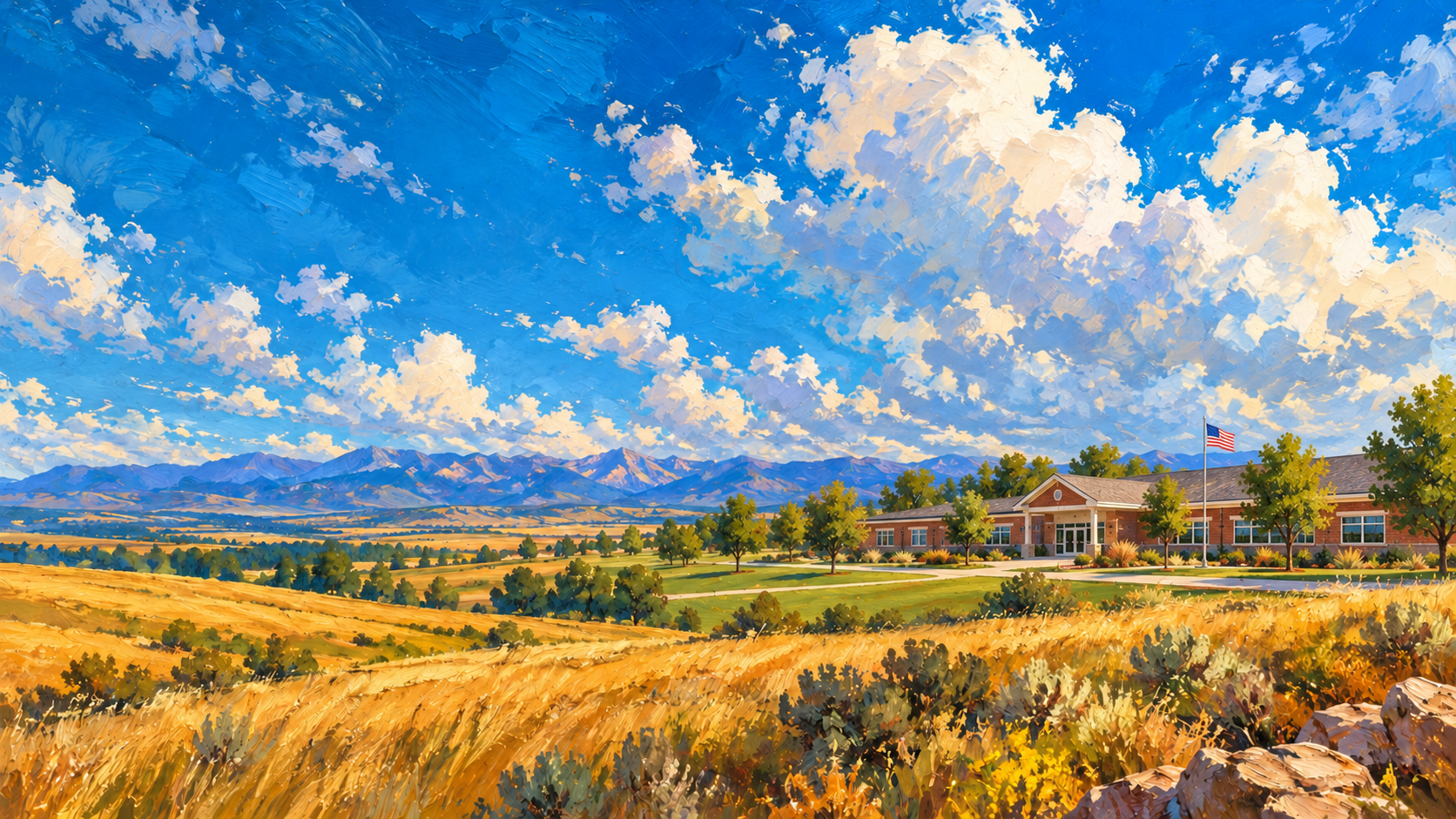 Painted vision of a modest brick school overlooking golden fields and distant American mountains